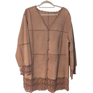70s Vibe Bohemian Western Patch Suede Coat Crochet Button Close Plus Size 1X 2X+